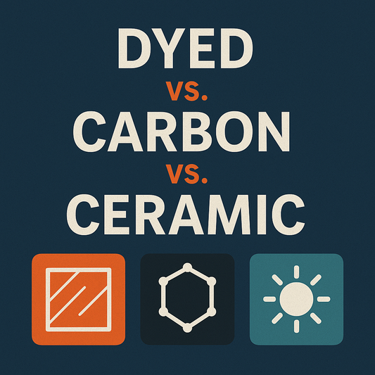 Side-by-side comparison of dyed, carbon, and ceramic window tint films showing differences in shade, clarity, and performance