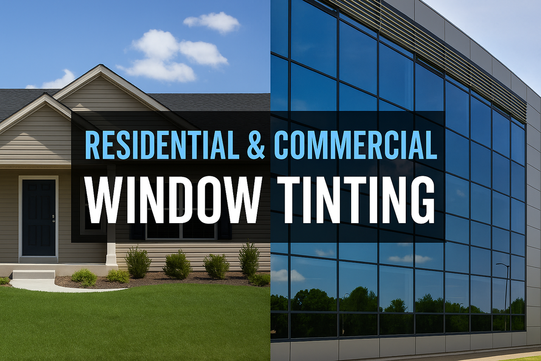 Residential and commercial buildings with tinted windows under sunny North Florida skies, representing mobile window tint services by Tint Werkz.