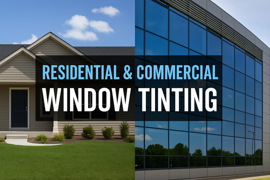 Residential and commercial buildings with tinted windows under sunny North Florida skies, representing mobile window tint services by Tint Werkz.