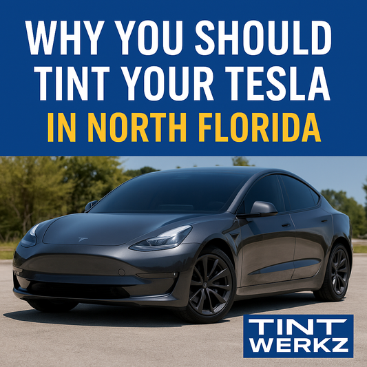 Tesla Model 3 with sleek window tint parked under the Florida sun, featuring Tint Werkz branding and blog title about Tesla tinting benefits