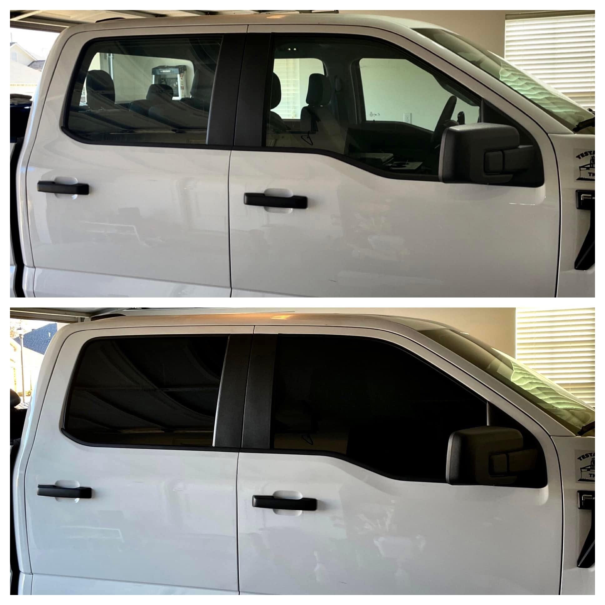 Ford F-150 before and after window tint installation by Tint Werkz, highlighting enhanced appearance and sun protection